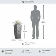 70cm Zinc Galvanised Silver & Black Textured Tall Tapered Square Planter